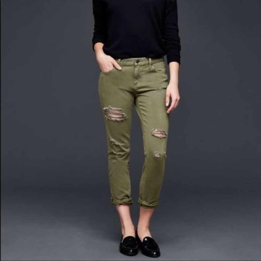 Gap Distressed Olive Green Girlfriend Jeans